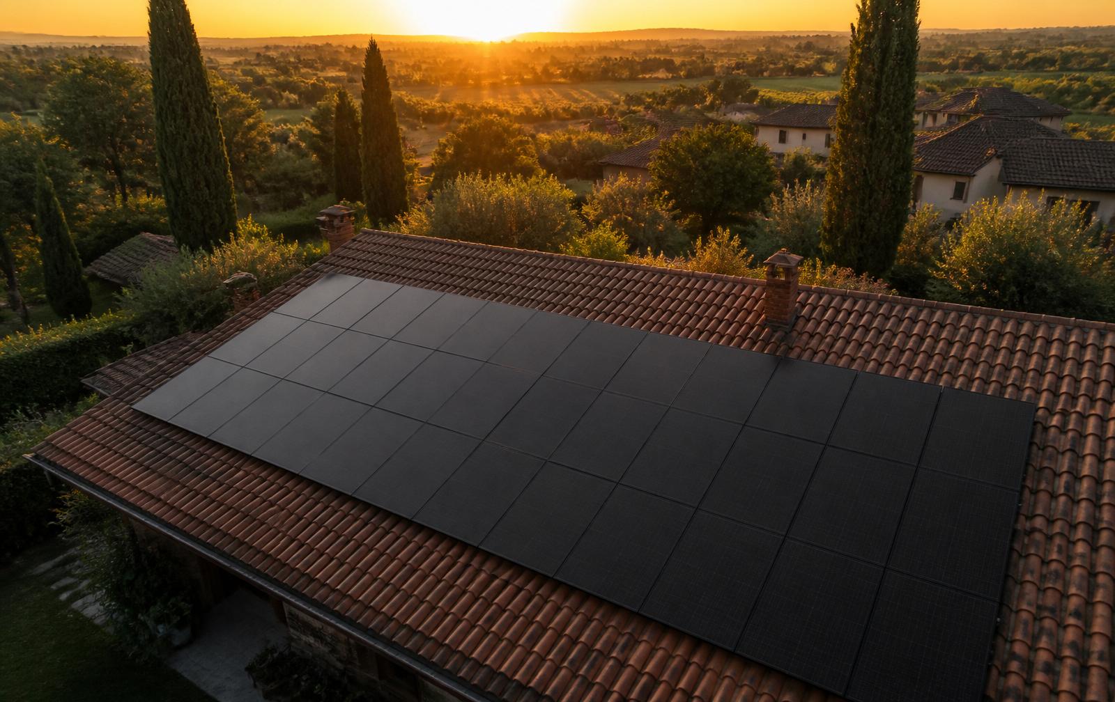 Pannelli fotovoltaici su tetto in Veneto al tramonto